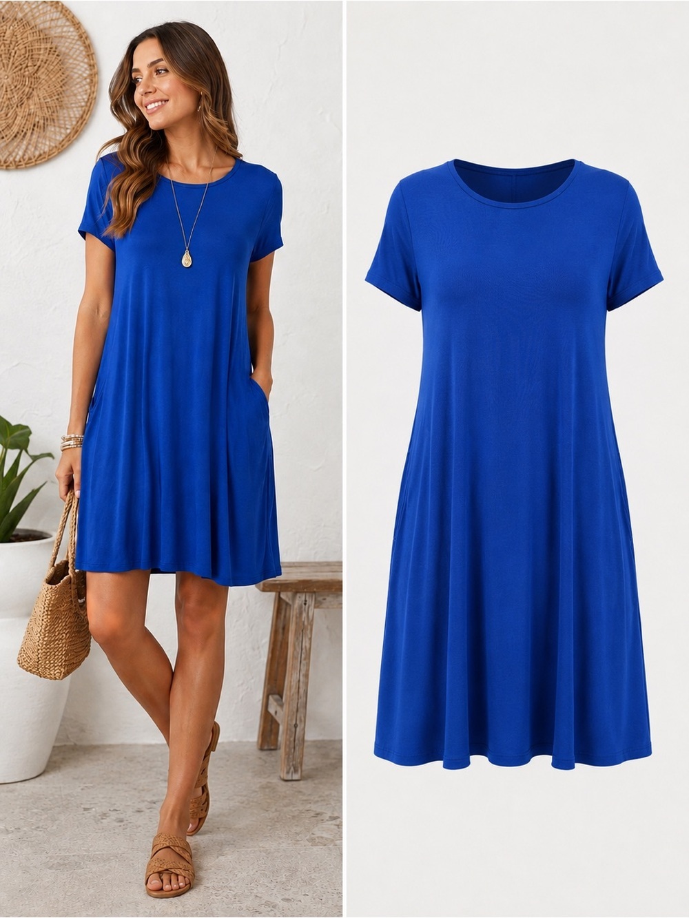 PIKO 1988 | Bamboo Swing Dress Royal Blue Short Sleeve Pocket Dress | Size Small
